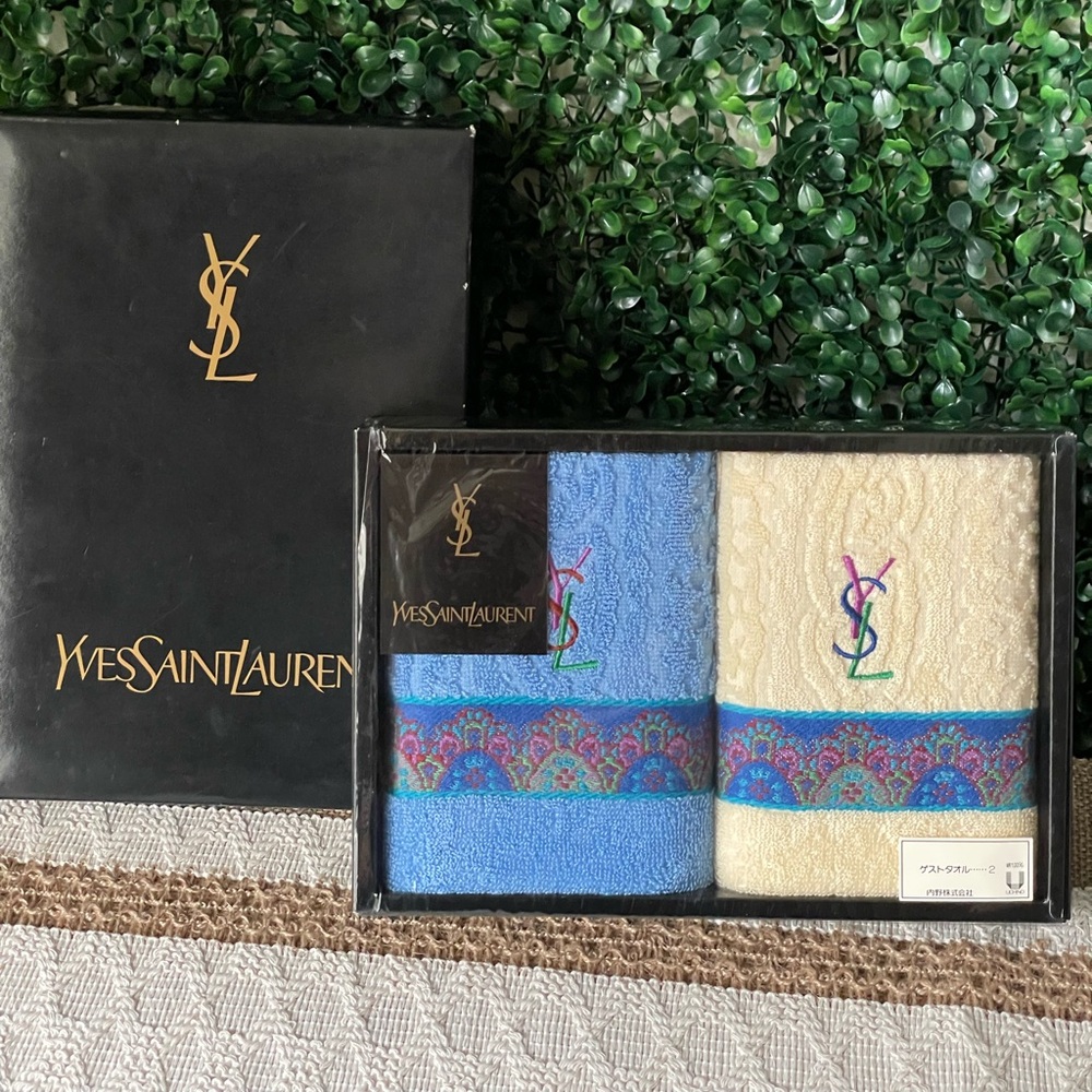 Yves Saint Laurent Blue and Cream Hand Bath Towel Set with Luxurious Embroidery